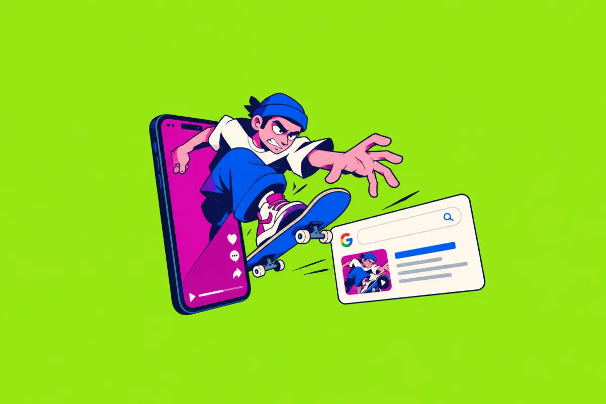 Risografinė iliustracija straipsniui „Socialinių tinklų ir video turinys atsirado Search Console analizėje“